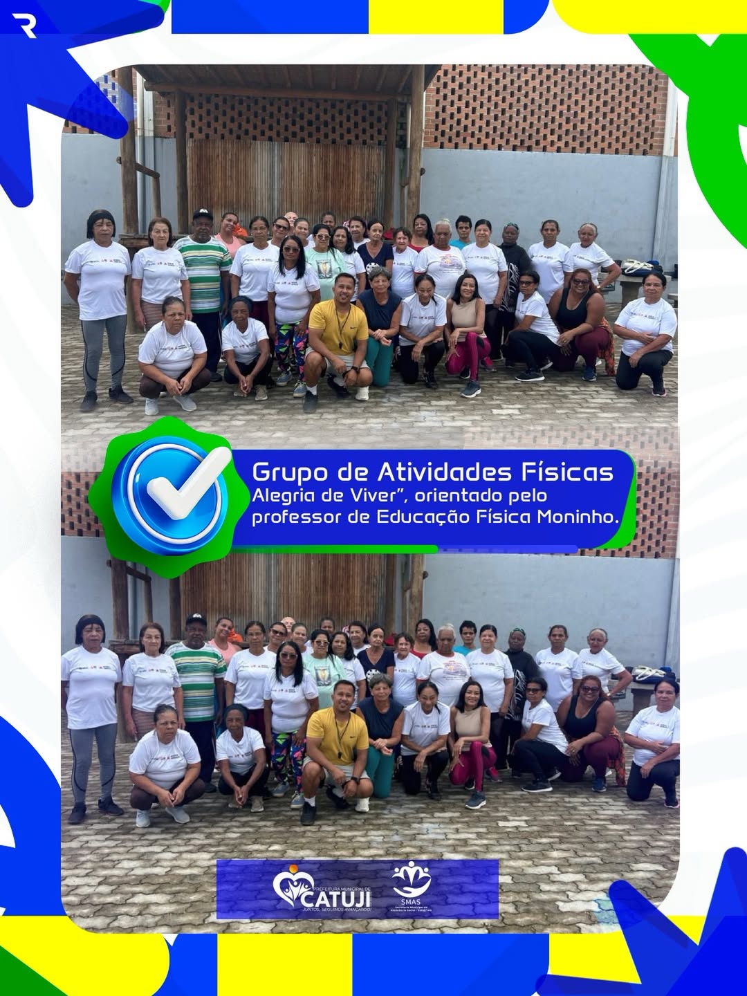 O Grupo de Atividades Físicas “Alegria de Viver”, com o Professor de Educação Física Moninho, é um espaço dedicado ao cuidado com a saúde, ao bem-estar e à qualidade de vida.